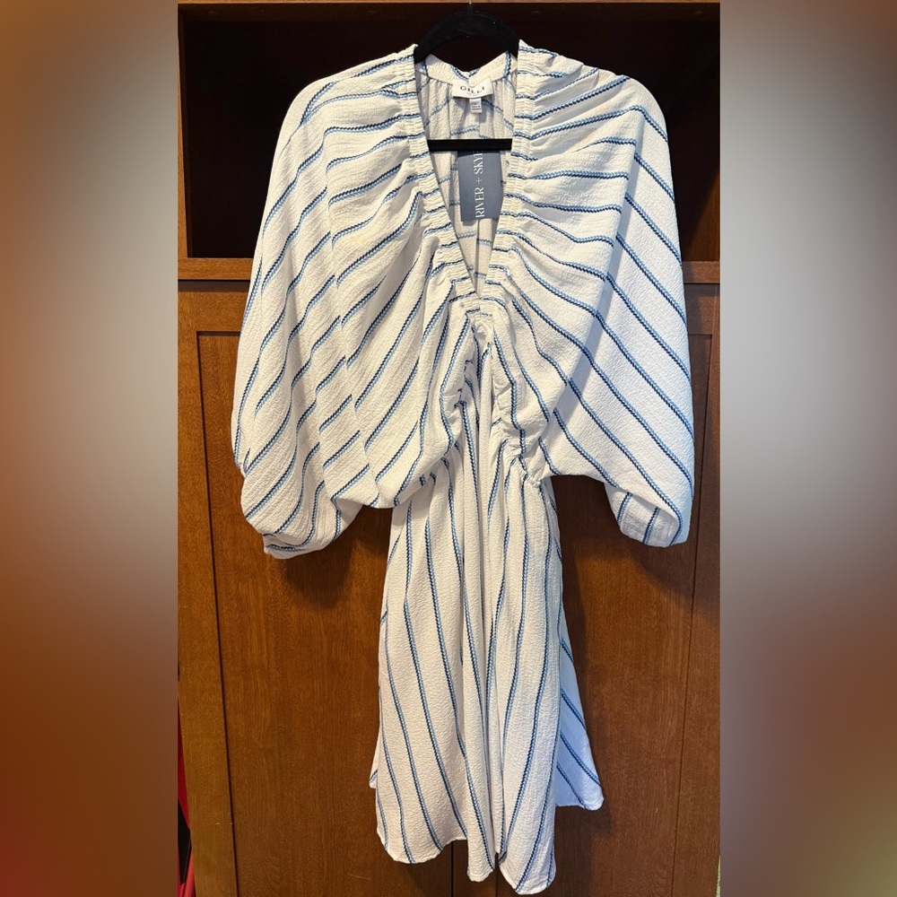 🍄H064 NWT Gilli L pp 16 unstretched Blue striped stretch waist big sleeve Dress - Picture 2 of 12